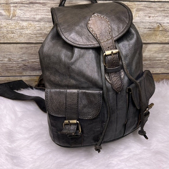 Vntg Artisan Gray Genuine Leather Drawstring Small Backpack - Picture 10 of 12